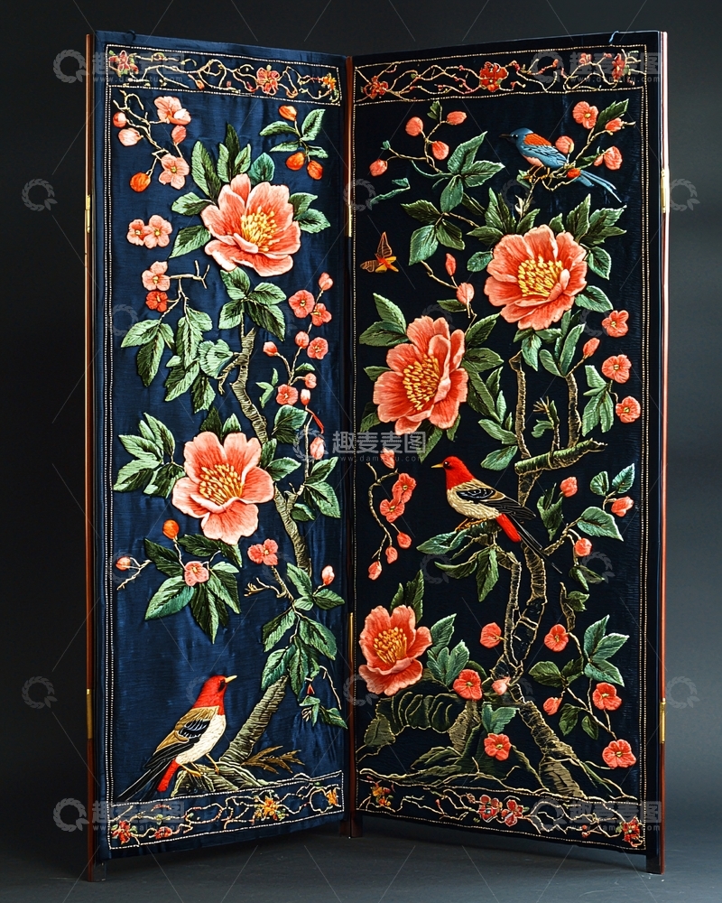 高清大图下载【趣麦麦图】黑底绣花双屏风