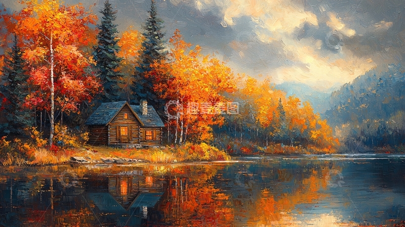 高清大图下载【趣麦麦图】秋日森林小屋湖景