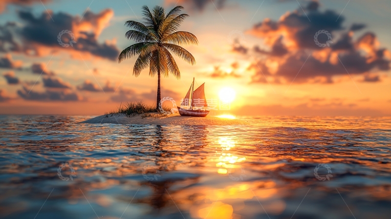 高清大图下载【趣麦麦图】热带小岛落日帆船