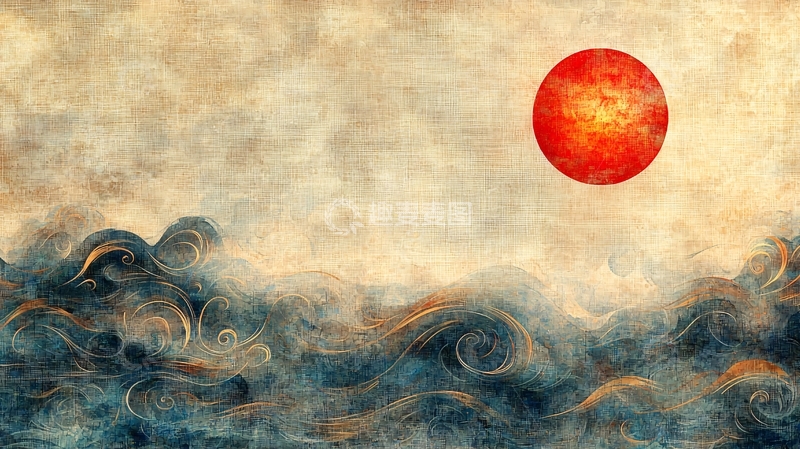 高清大图下载【趣麦麦图】红日大海波浪