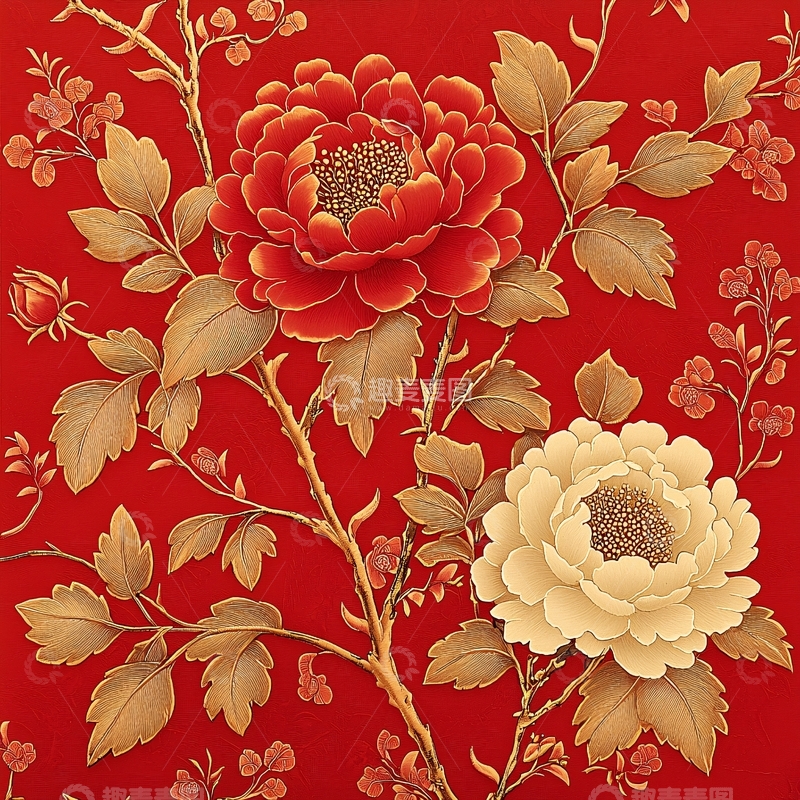 高清大图下载【趣麦麦图】红底金牡丹花卉图案