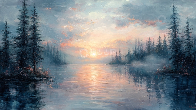 高清大图下载【趣麦麦图】静谧森林湖泊日落
