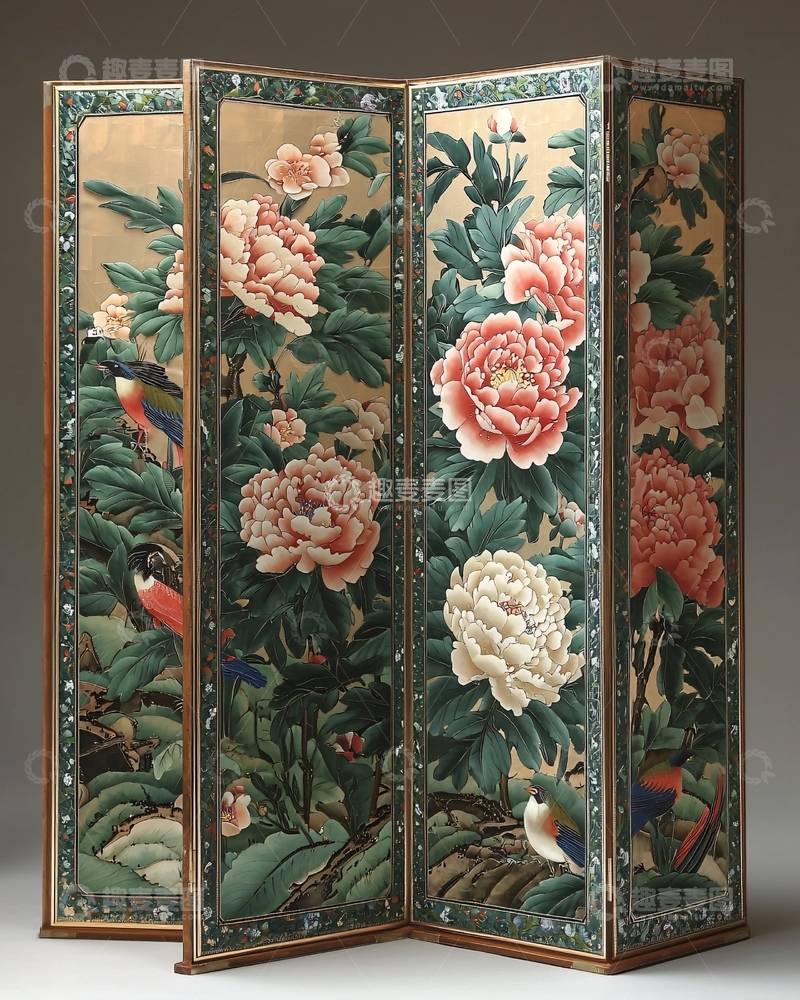 高清大图下载【趣麦麦图】-精美牡丹花鸟纹屏风