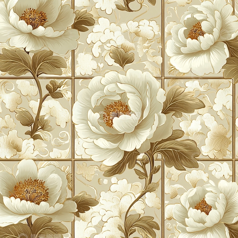 高清大图下载【趣麦麦图】米色牡丹花瓷砖背景