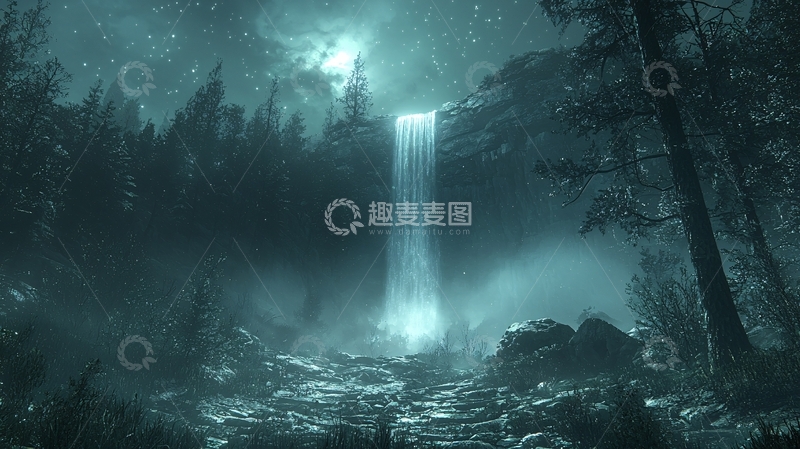 高清大图下载【趣麦麦图】月光下的森林瀑布