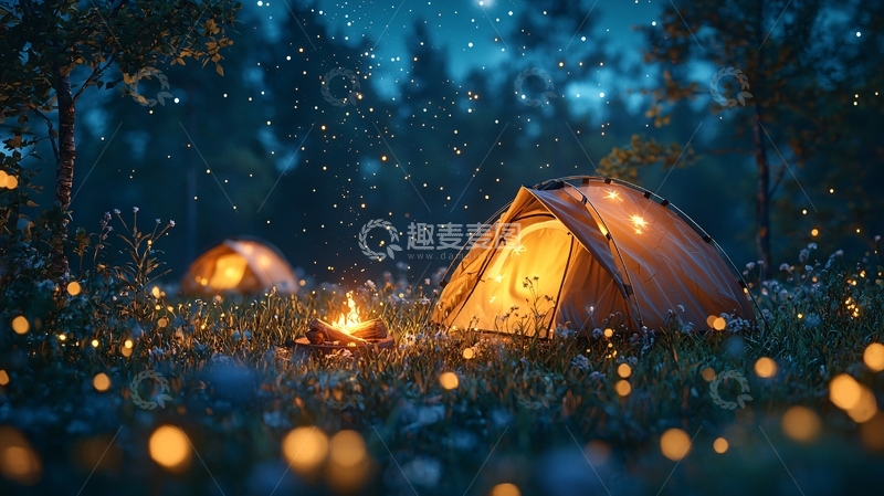 高清大图下载【趣麦麦图】夜空下的萤火虫帐篷