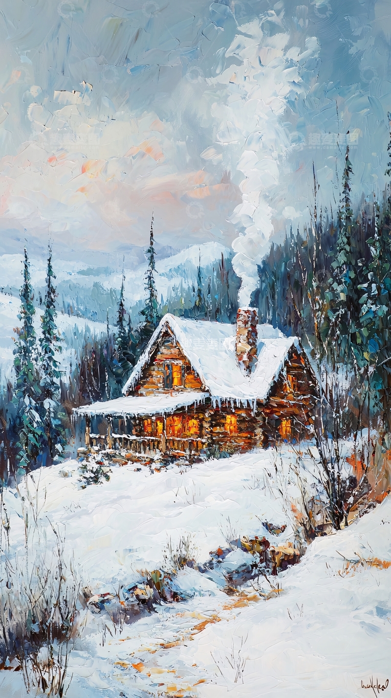 高清大图下载【趣麦麦图】雪山木屋冬日黄昏