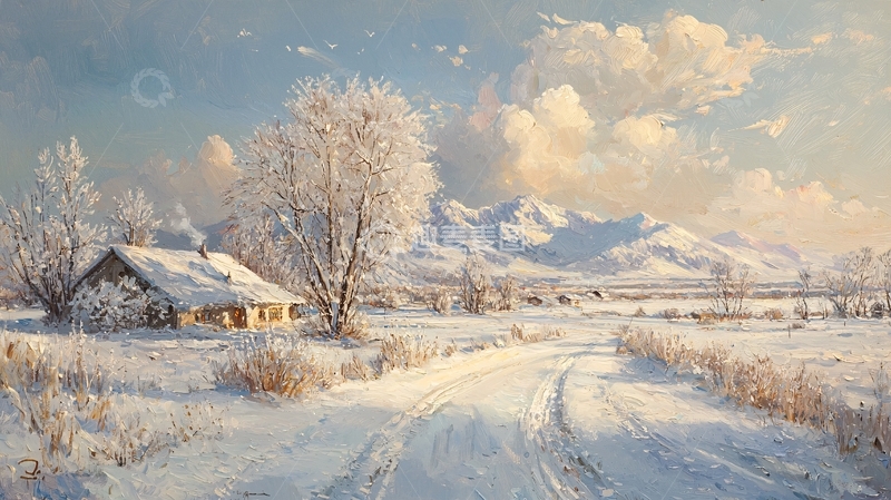 高清大图下载【趣麦麦图】冬日雪景乡村小屋