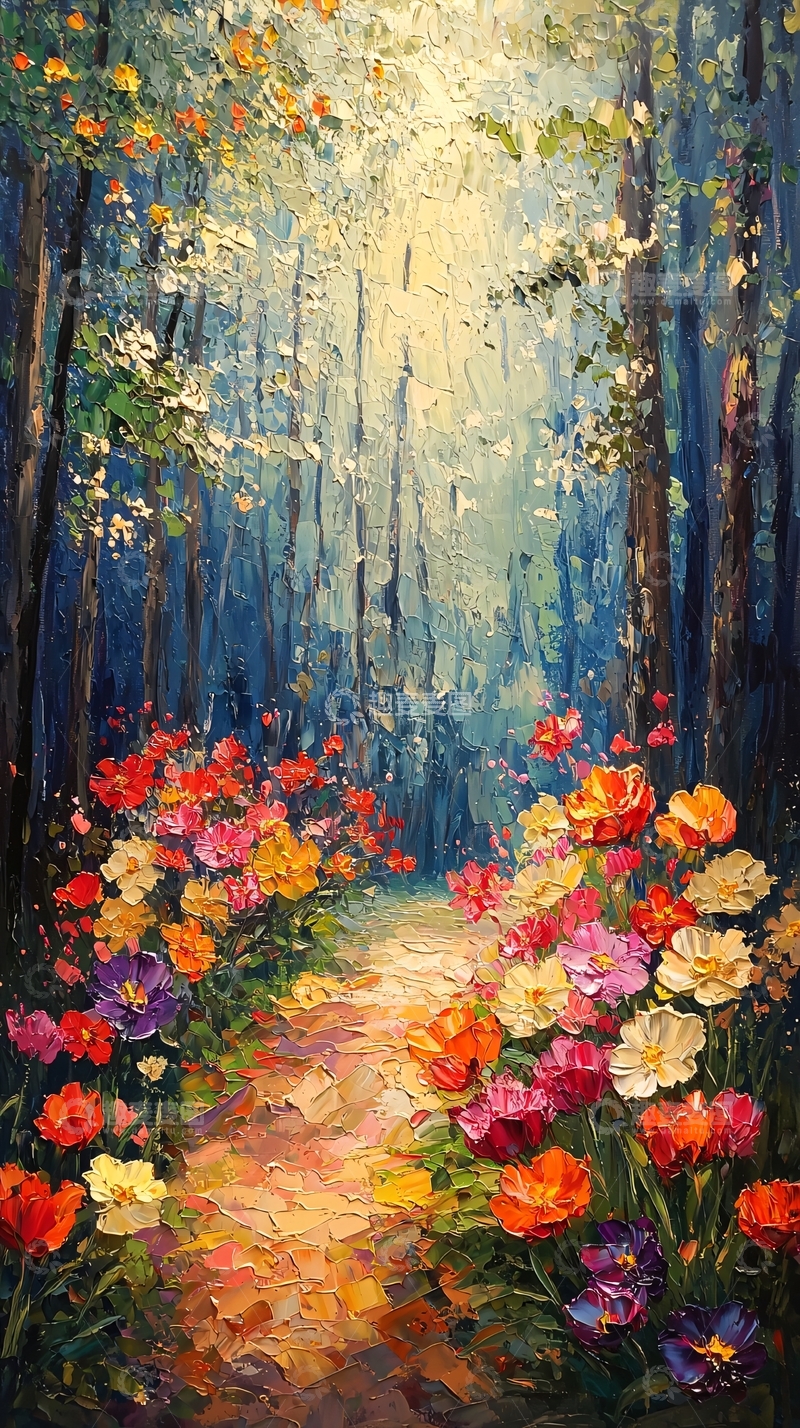 高清大图下载【趣麦麦图】森林小路鲜花盛开