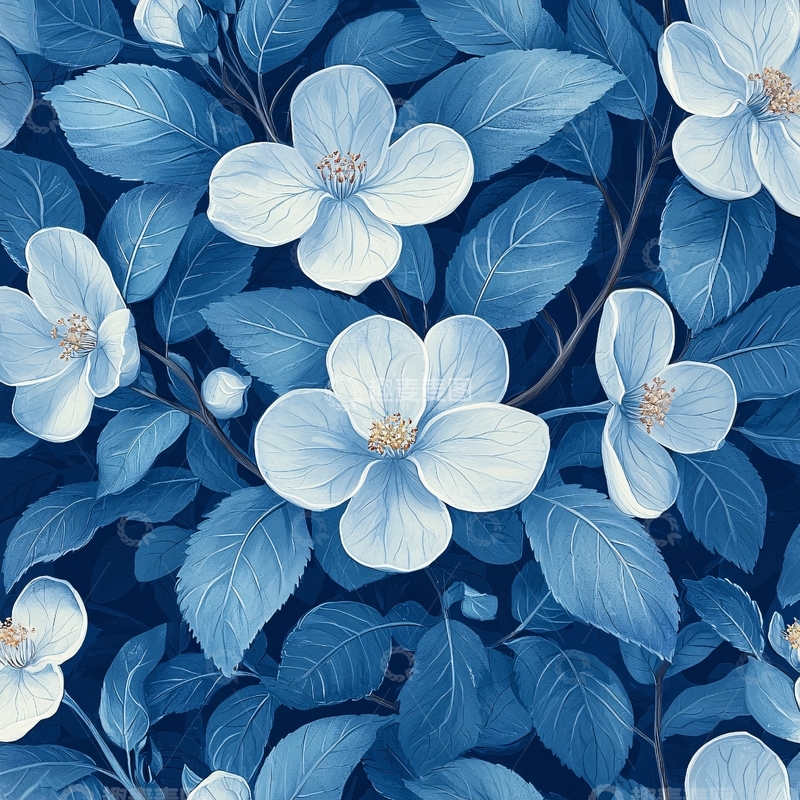 高清大图下载【趣麦麦图】蓝白花卉无缝图案