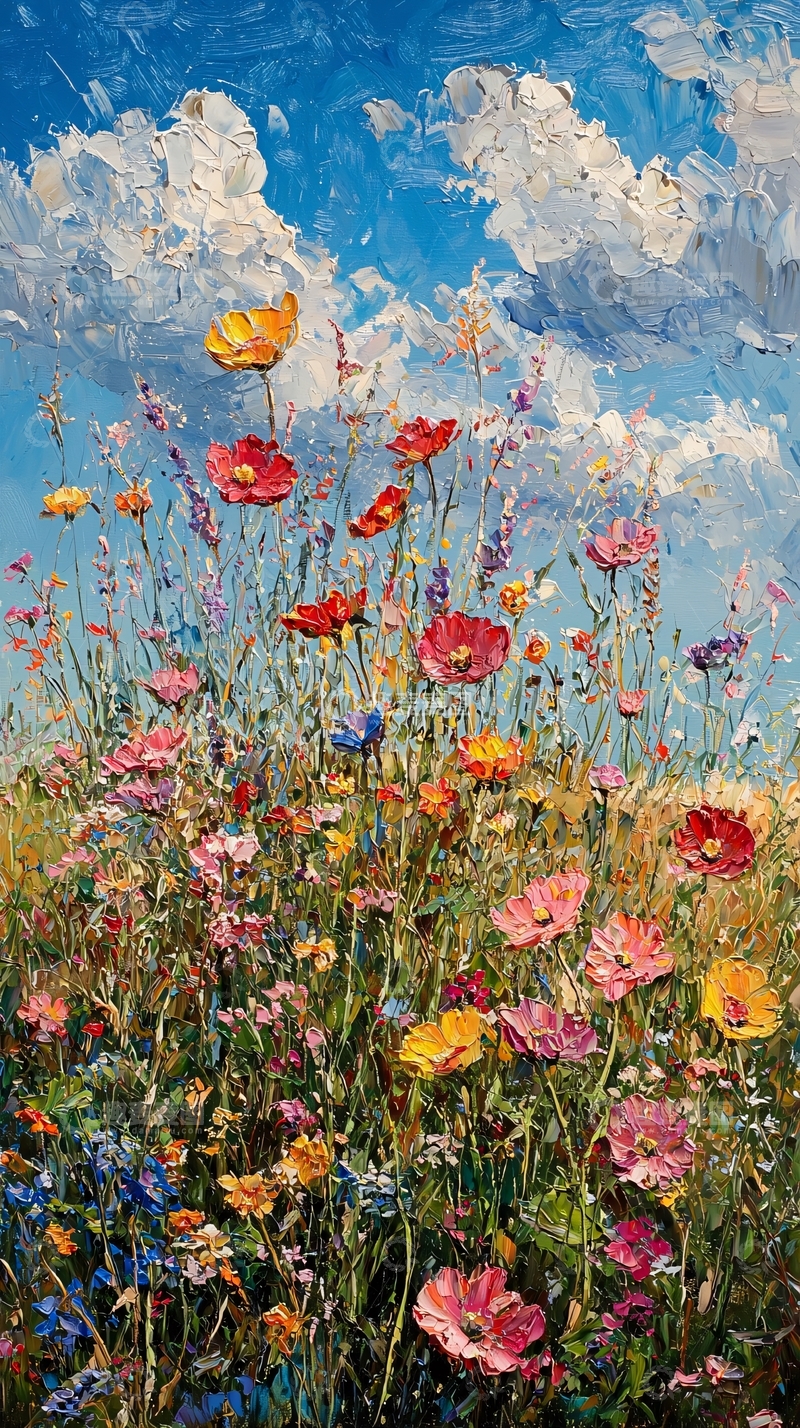 高清大图下载【趣麦麦图】蓝天白云下的野花田