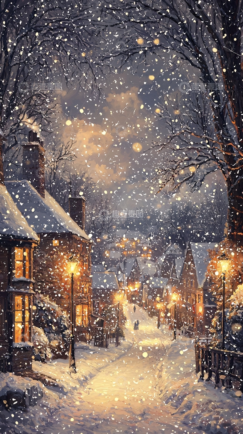 高清大图下载【趣麦麦图】下雪的夜晚小镇