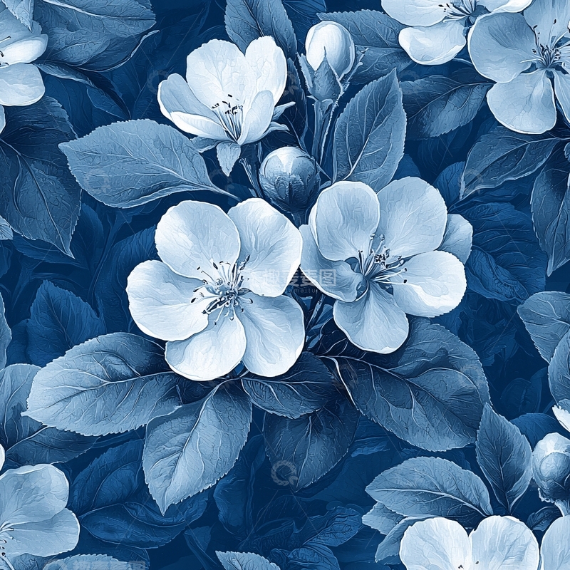 高清大图下载【趣麦麦图】蓝灰色苹果花图案