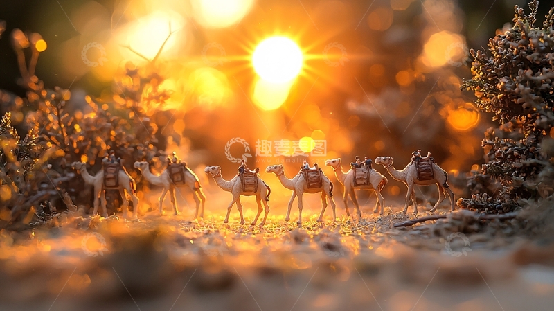 高清大图下载【趣麦麦图】夕阳下骆驼商队