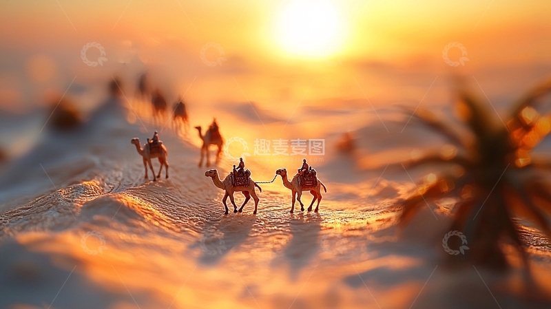 高清大图下载【趣麦麦图】沙漠日落骆驼商队