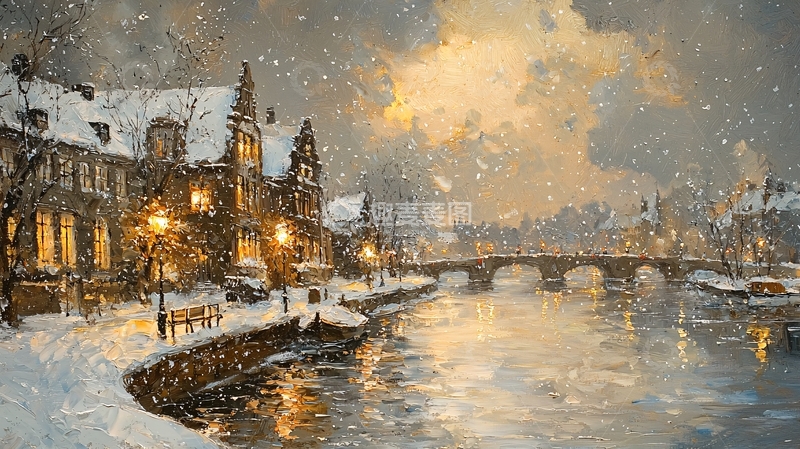 高清大图下载【趣麦麦图】雪夜古镇