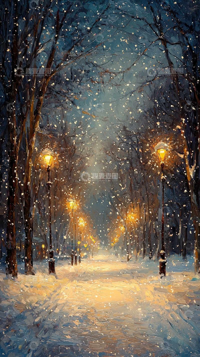 高清大图下载【趣麦麦图】冬夜雪景街道