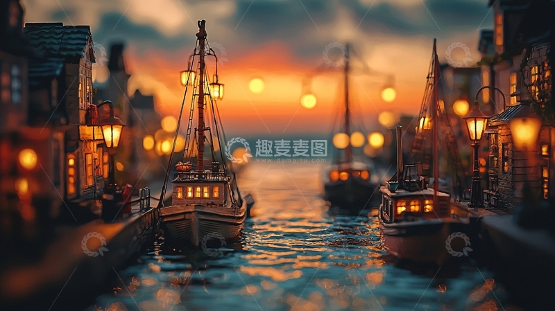 高清大图下载【趣麦麦图】-微缩景观夕阳港口