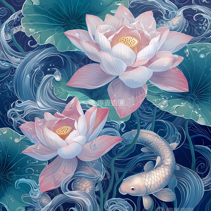 高清大图下载【趣麦麦图】水墨荷花鲤鱼图