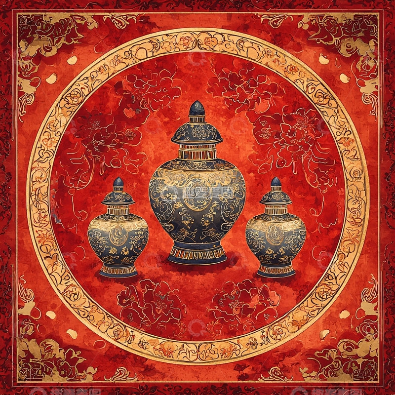 高清大图下载【趣麦麦图】红色背景中式瓷瓶