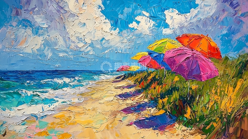 高清大图下载【趣麦麦图】海滩上的彩色遮阳伞