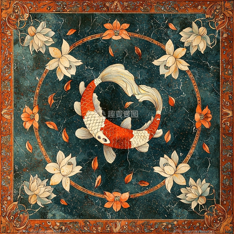 高清大图下载【趣麦麦图】锦鲤莲花圆形图案
