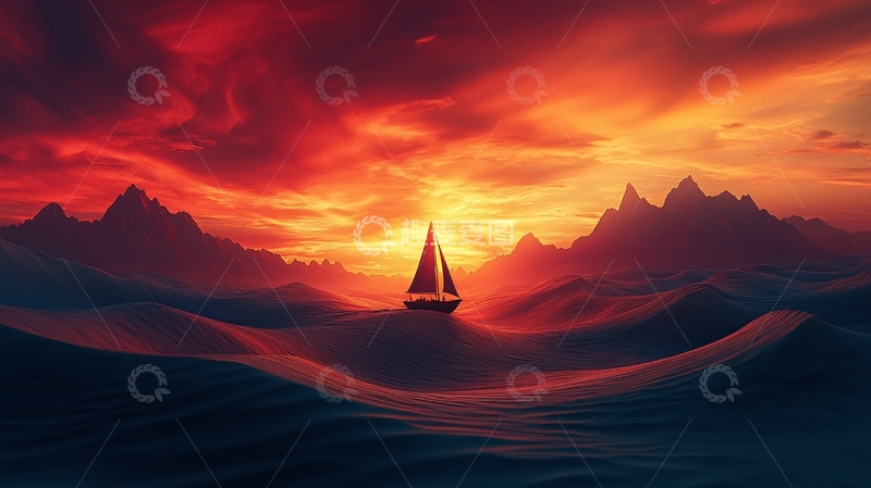 高清大图下载【趣麦麦图】燃烧的夕阳下孤单小船