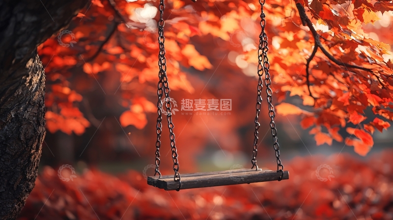 高清大图下载【趣麦麦图】秋日红叶下秋千