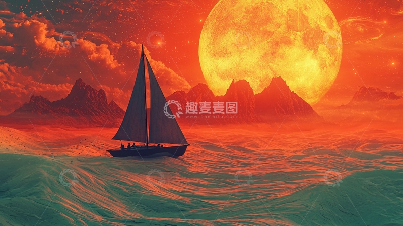 高清大图下载【趣麦麦图】红色月亮下的帆船