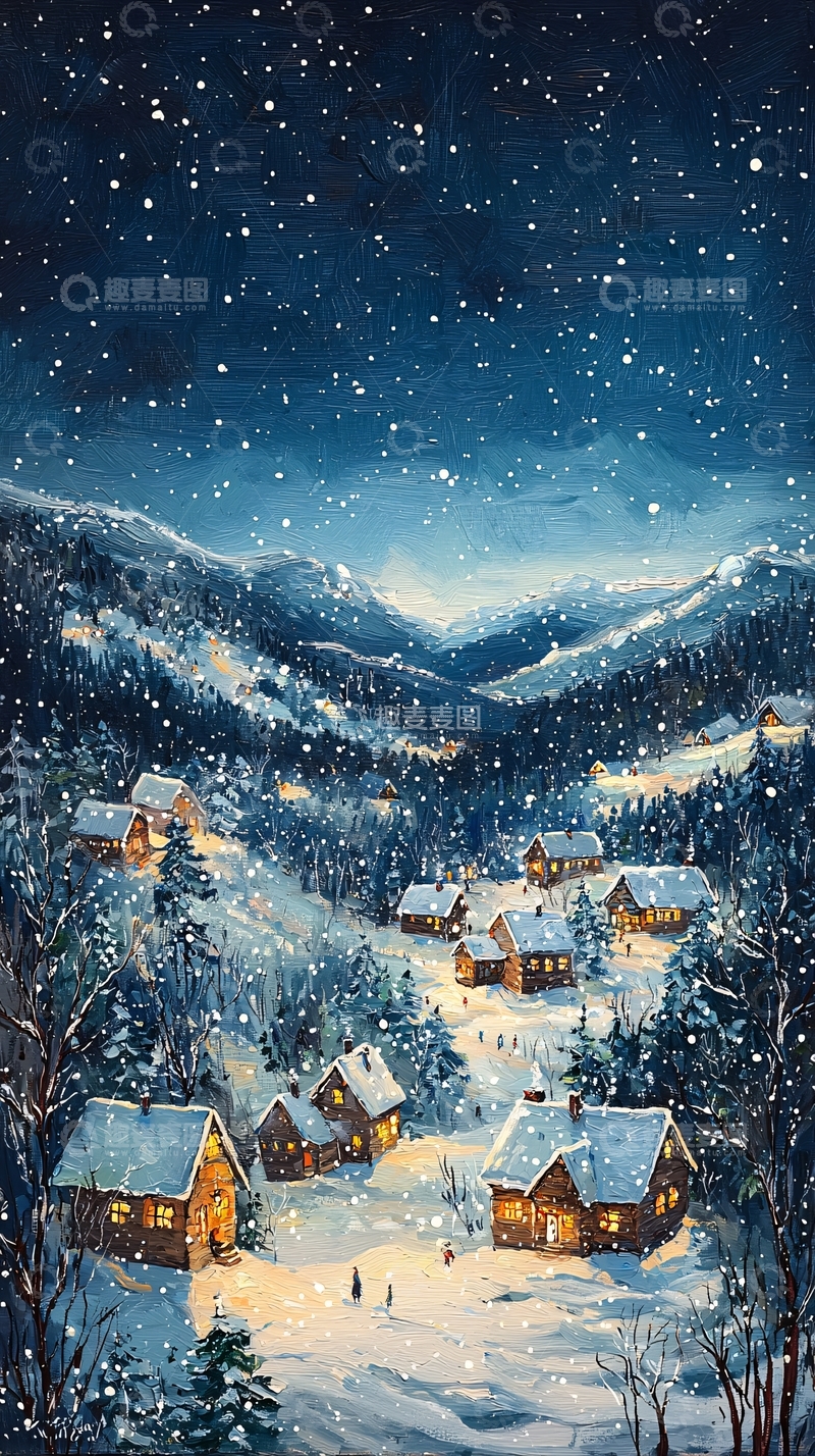 高清大图下载【趣麦麦图】雪夜山村夜景