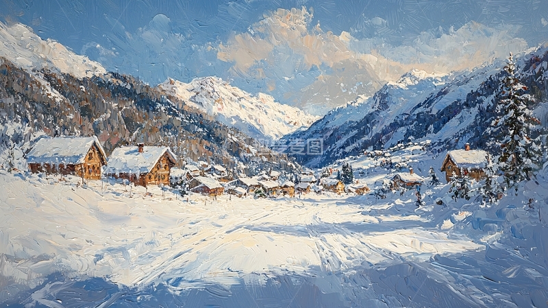 高清大图下载【趣麦麦图】雪山木屋村庄冬季风景