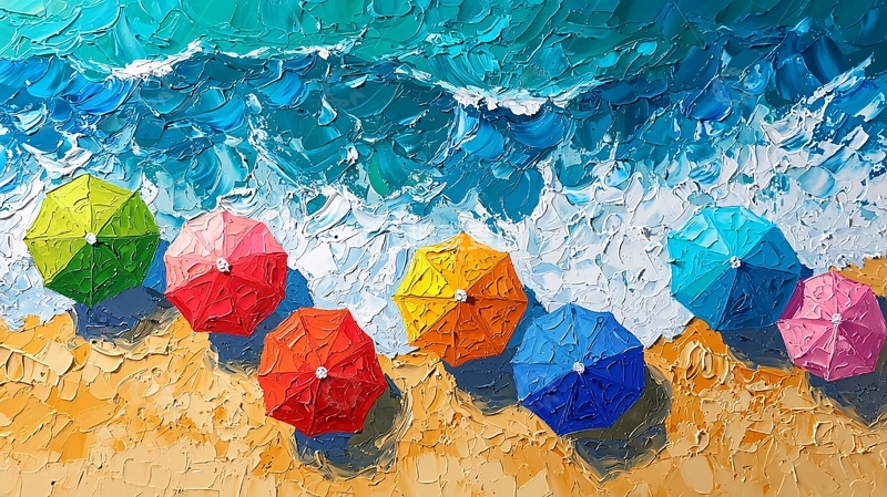 高清大图下载【趣麦麦图】海滩上的彩色遮阳伞