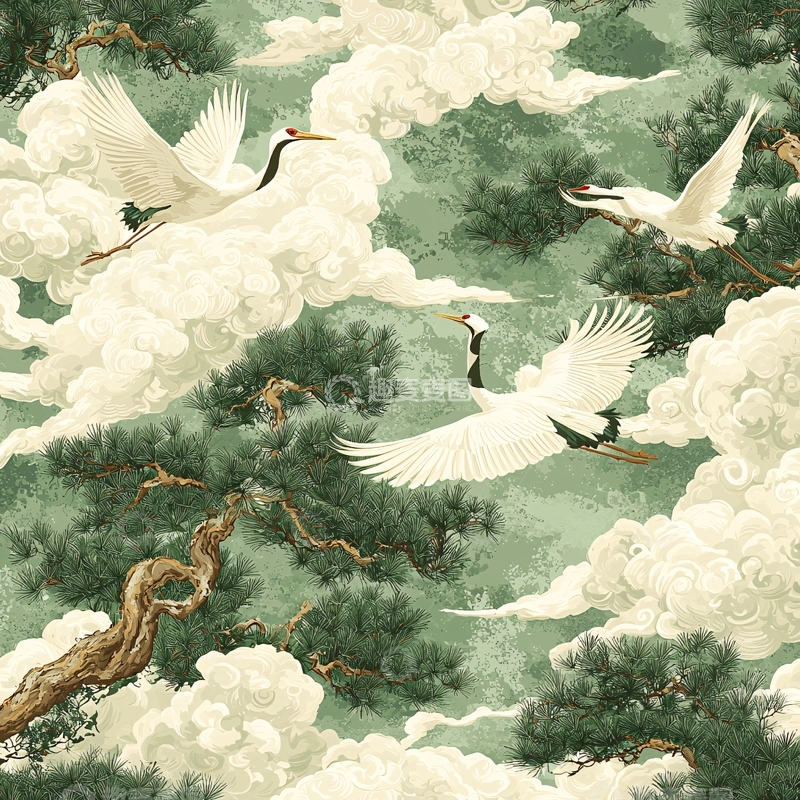 高清大图下载【趣麦麦图】丹顶鹤飞翔云海松林