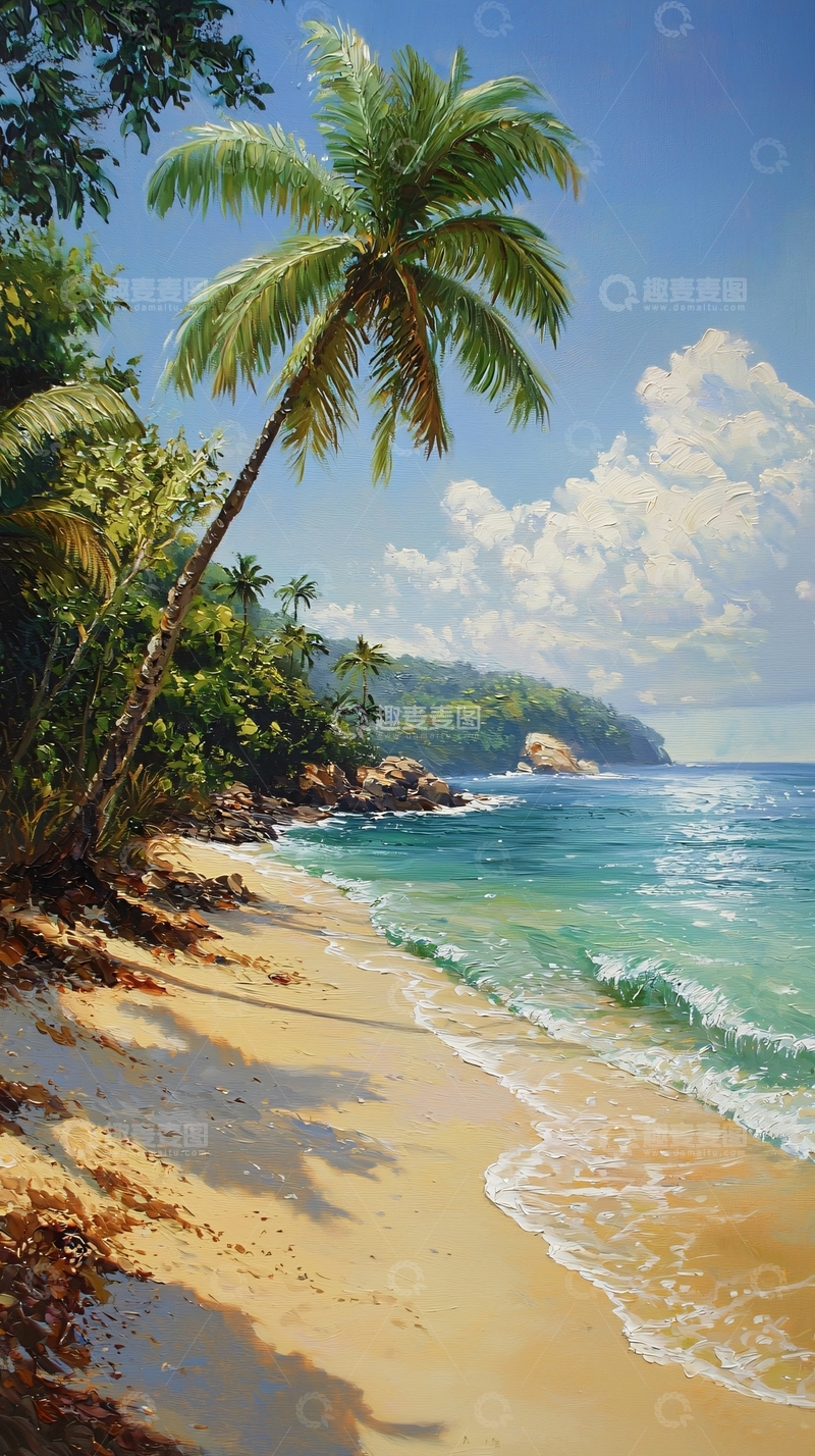 高清大图下载【趣麦麦图】热带海滩椰树风景画