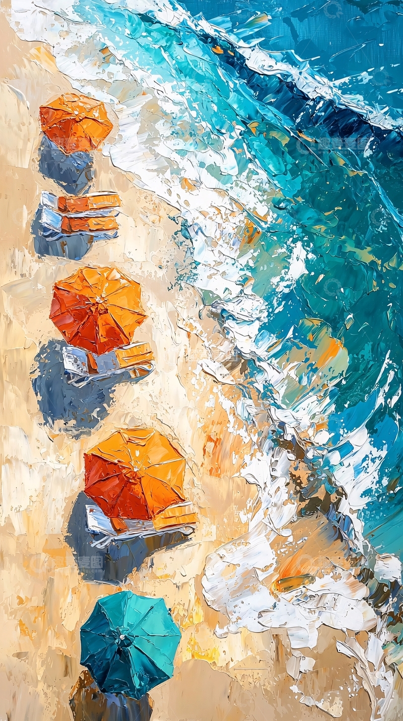 高清大图下载【趣麦麦图】海滩上的橙色遮阳伞