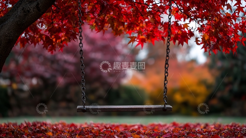 高清大图下载【趣麦麦图】秋日红叶下的秋千