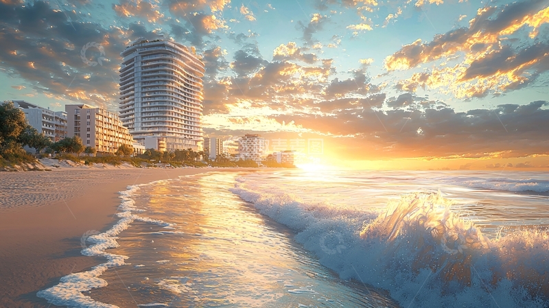 高清大图下载【趣麦麦图】海滩日出城市景观