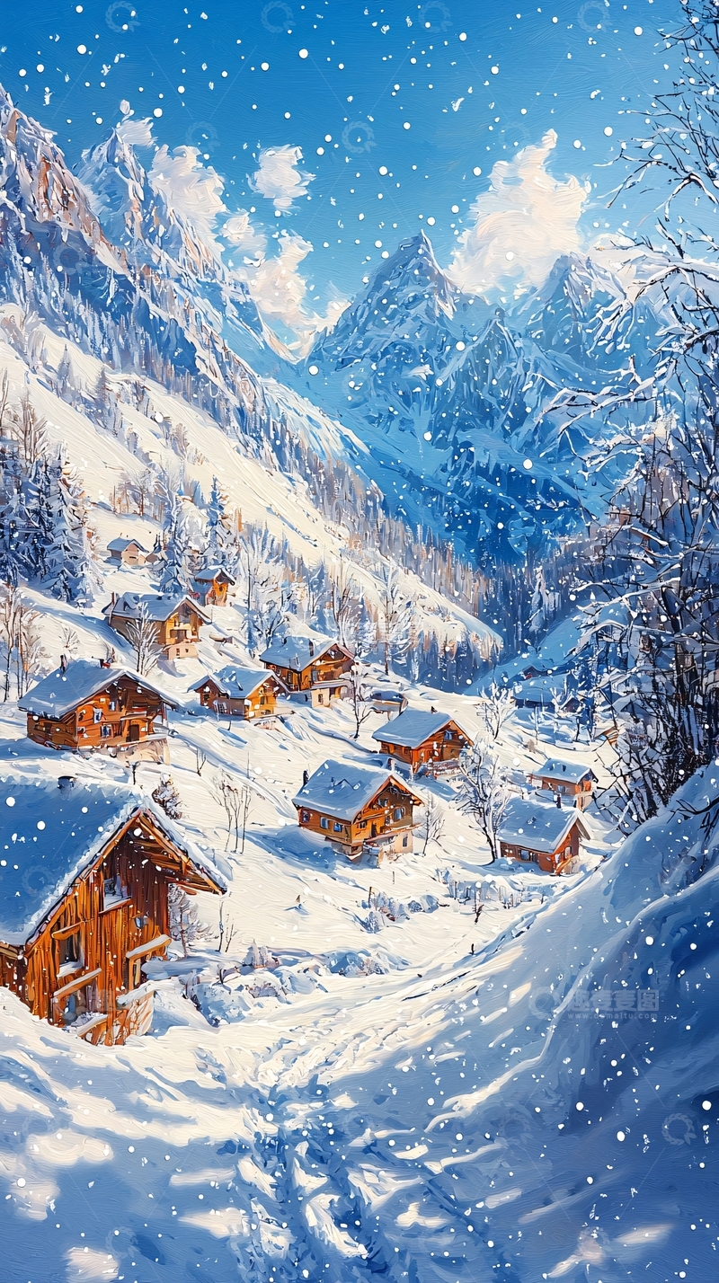 高清大图下载【趣麦麦图】雪山村庄冬季景色