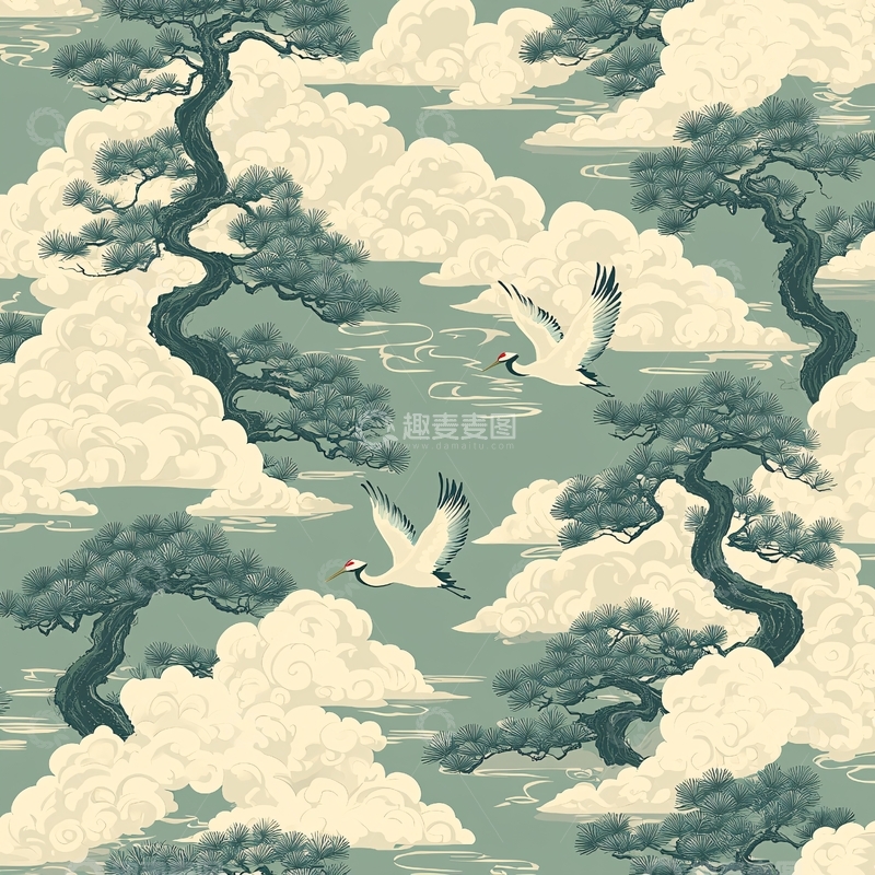 高清大图下载【趣麦麦图】仙鹤松树云海图