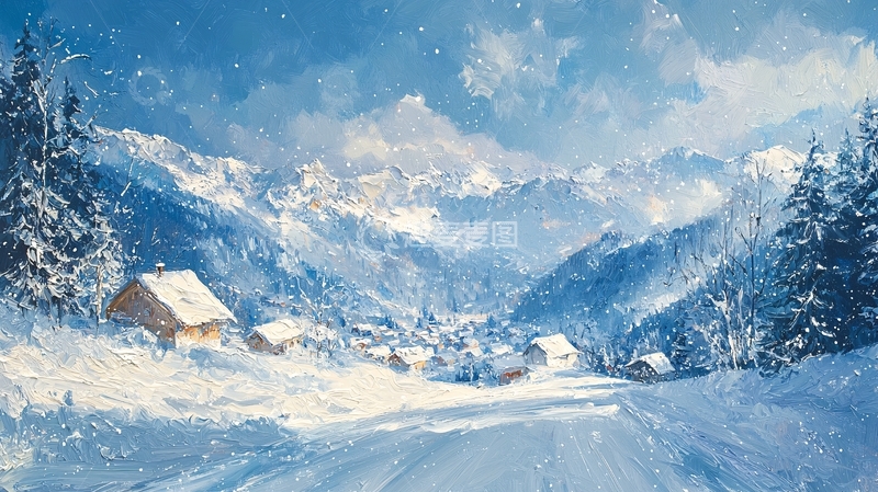 高清大图下载【趣麦麦图】雪山村庄冬季景色