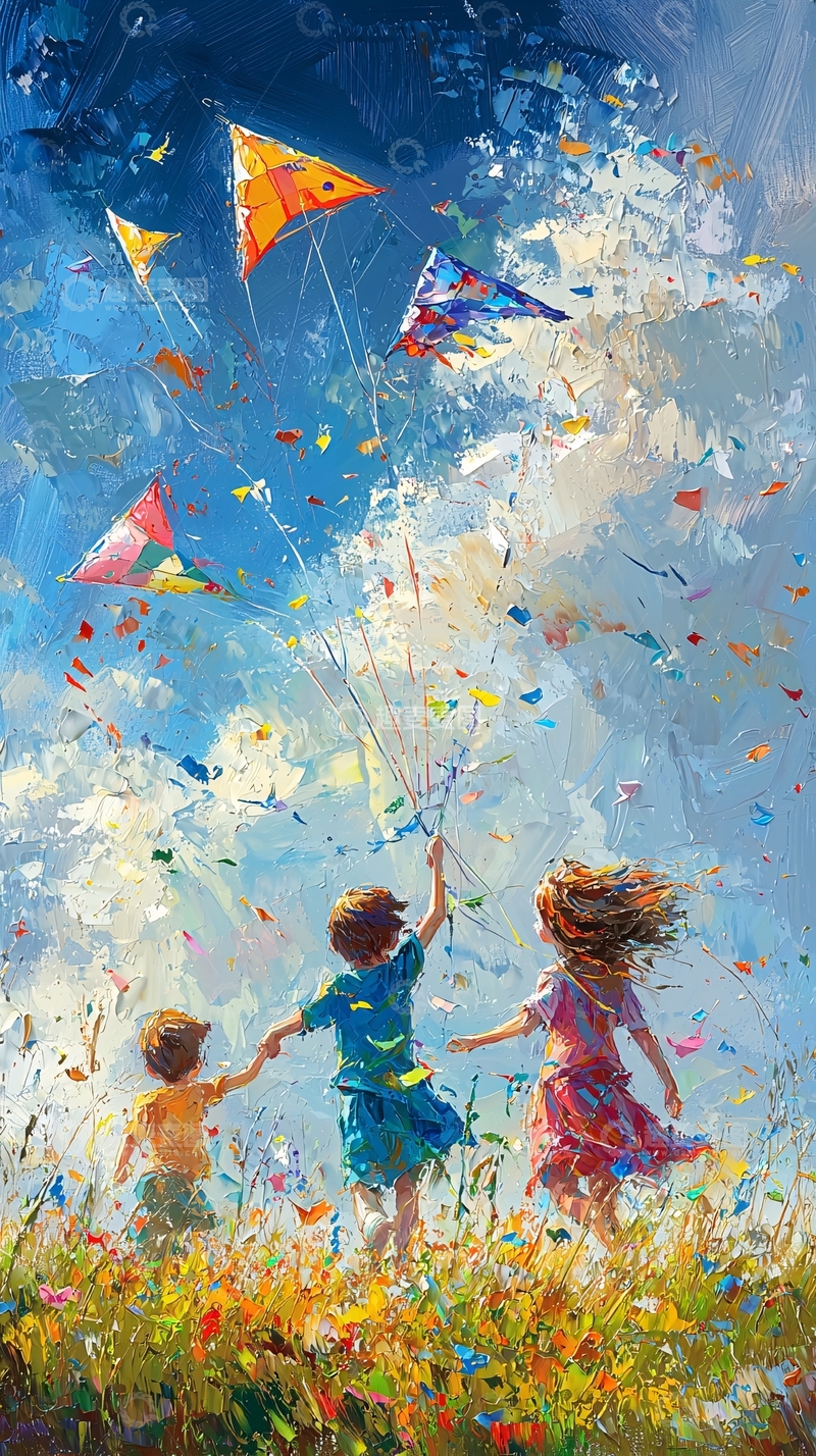 高清大图下载【趣麦麦图】蓝天白云下放风筝的孩子