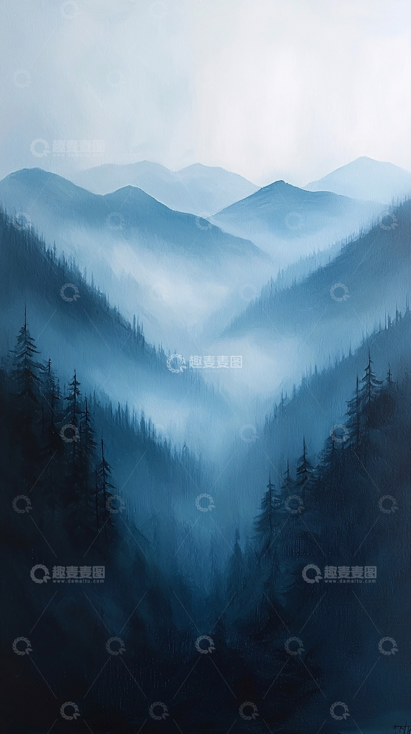 高清大图下载【趣麦麦图】朦胧山峦蓝调意境图