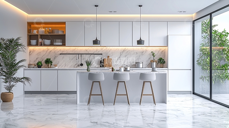 高清大图下载【趣麦麦图】现代简约白色大理石厨房