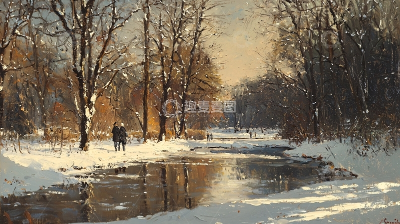 高清大图下载【趣麦麦图】冬日雪景河边漫步