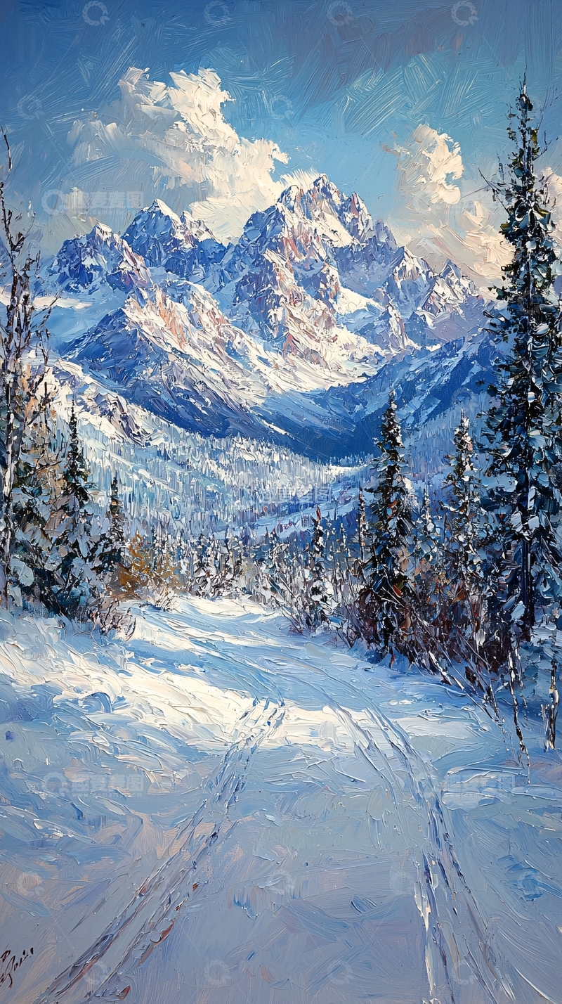 高清大图下载【趣麦麦图】雪山森林小路