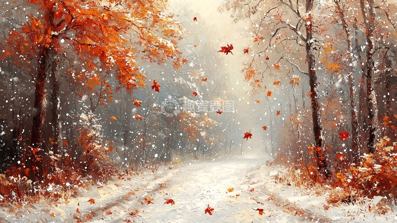 高清大图下载【趣麦麦图】初冬落叶小路雪景