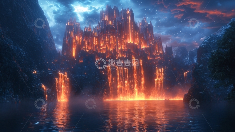 高清大图下载【趣麦麦图】奇幻城堡火山湖倒影