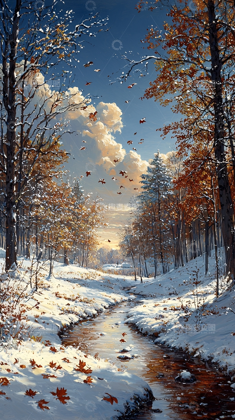 高清大图下载【趣麦麦图】初冬雪景森林小溪