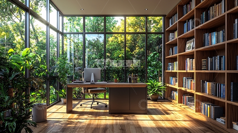 高清大图下载【趣麦麦图】阳光洒满书桌的书房