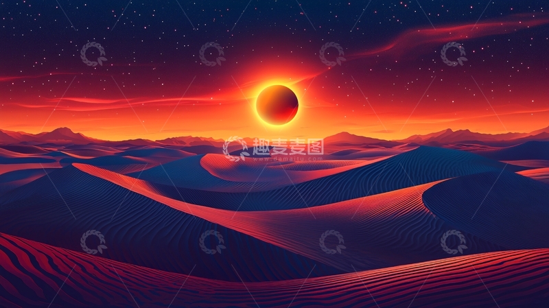 高清大图下载【趣麦麦图】日落沙漠星空日食